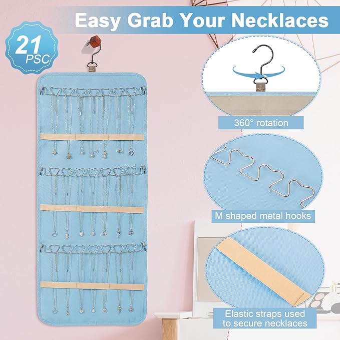 Dynoro Double-Sided Hanging Jewelry Organizer, Large Teal Storage Roll for Earrings, Necklaces, Rings, 48 Pockets 21 Hooks, Durable Oxford Fabric for Closet, Wall, Door, 1 piece, Jewelry Not Included