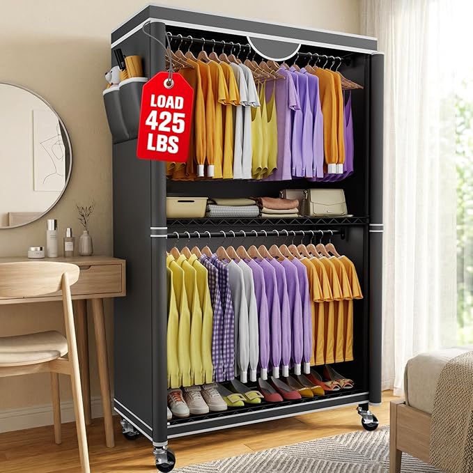 Clothes Rack With Cover, Heavy Duty Clothing Rack for Hanging Clothes, Rolling Garment Rack with Lockable Wheels, Metal Clothing Rack, Portable Closet 35.4"W x 17.1"D x 71.8"H, Hold 425 lbs, Black