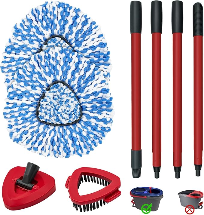 Spin Mop Handle, Mop Heads Replacements,Scrubber Brush and Mop Base Compatible with Ocedar RinseClean 2-Tank System, Mop Handle and Head Replacement Combo Set for Wet Dry Use Floor Cleaning