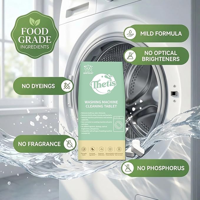 Whitecat washing machine cleaner tablets - deep cleans, refreshes & deodorizes, removes limescale & odor, protects house washer machine with powerful cleaning action