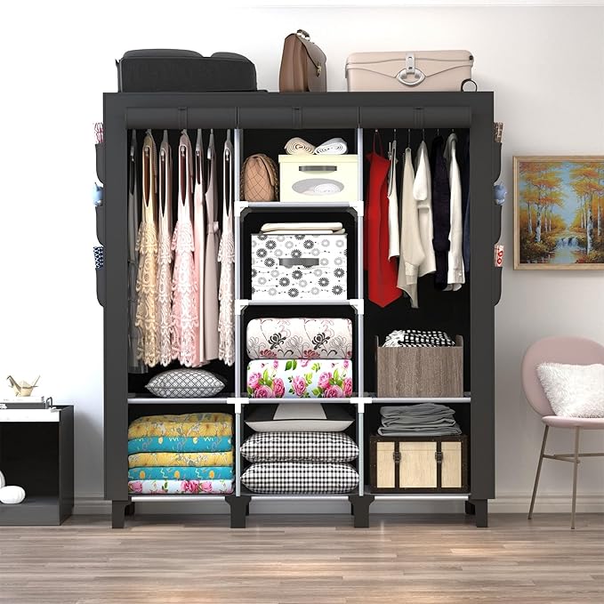 Portable Wardrobe with 10 Storage Racks and 2 Hanging Poles 6 Side Pockets Fleece Cover, Size 130 x 45 x 172 cm, Bedroom Closet Organizer Black