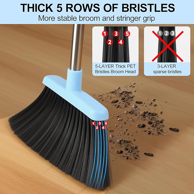 Broom and Dustpan Set House Brooms for Sweeping Indoor Collapsible Broom and Dust Pan Combo for Home Office Kitchen Lobby Floor Pet Hair (Small-Blue)