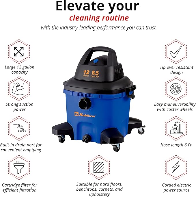 Koblenz WD-12 L4 Wet Dry Vacuum Cleaner, 12 Gallon 5.5 PHP, 3-in-1 Suction & Blower, 32 ft Reach, Drain Plug, Large Vacuum Cleaner for Car, Shop Vacuum Wet and Dry, Click-N-Lock Hose, Blue/Black