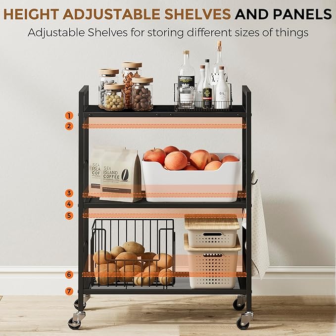 3-Tier Metal Storage Rack with Industrial Wheels,Mesh Shelving Unit with Wooden Table top,Adjustable Shelf,23.6-Inch Width,15.8-Inch Depth, for Kitchen, Laundry,Pantry,Plant,Black panel