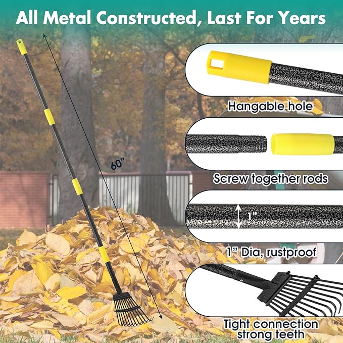 Rake, 73 Inch Long, 11 Tines Small Metal Garden Rake for Leaves, Heavy Duty 9 Inch Wide Rakes for Lawns, Yard Leaf Rakes for Gardening , Flower Beds, Shrub, Kids