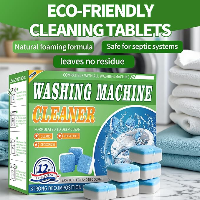 Washing Machine Cleaner Tablets 12 Pack - Deep Cleaning Tablets for HE Front & Top Load Washers, Septic Safe, Eco-Friendly, Removes Residue & Odors