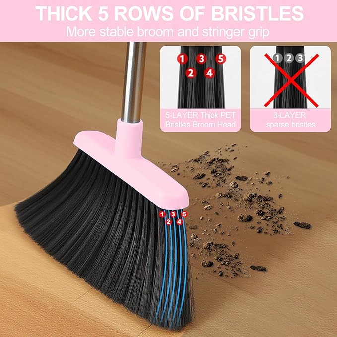 Pink Broom and Dustpan Set, 52-in Handle Broom Dustpan Combo Set Household Hand Broom with Dustpan Teeth to Clean Hair for Home Kitchen Office Lobby Sweeping Indoor（Pink）