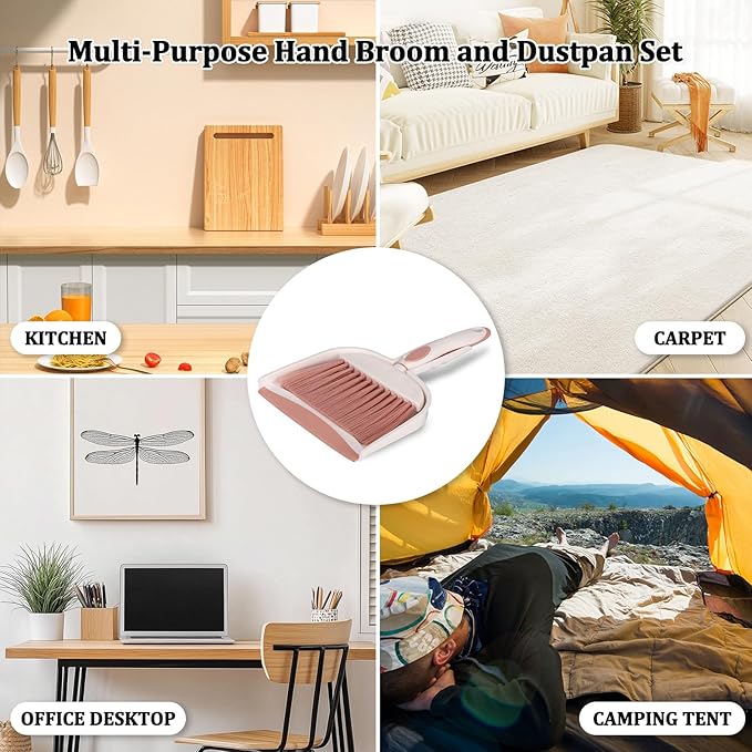 Broom with Dustpan Combo Set Pink Mini Hand Broom and Dustpan Set for Home Desktop Sofa Pet Household Care Camping (White+Pink M3)