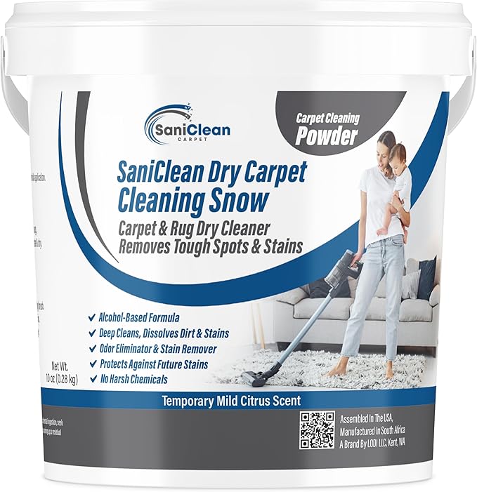 SaniClean Dry Carpet & Rug Cleaning Powder – Deep Cleans, Spill Cleanup, Spot & Stain Remover, Pet Mess | Brush In, Vacuum Out | For Large Areas Or Spot Treatment | No Harsh Chemicals