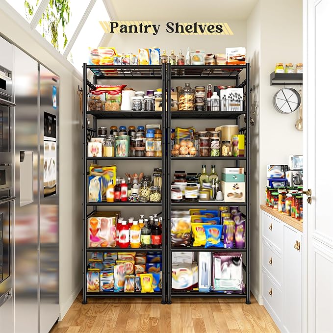 Metal Shelving 6-Tier Storage Shelves Unit with Hooks,Heavy Duty Garage Shelving with Leveling Feet,High Standing Shelf Organizer for Kitchen Pantry Bathroom Dorm,17.7”W×11.8”D ×72.2”H,Black