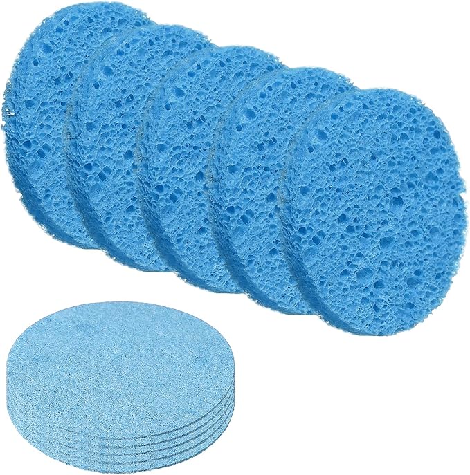 uxcell 10Pcs Cellulose Sponges, Round Kitchen Clean Sponges Non-Scratch Compressed Dish Scrubber for Kitchen Household Cookware Bathroom Cleaning & DIY, Blue