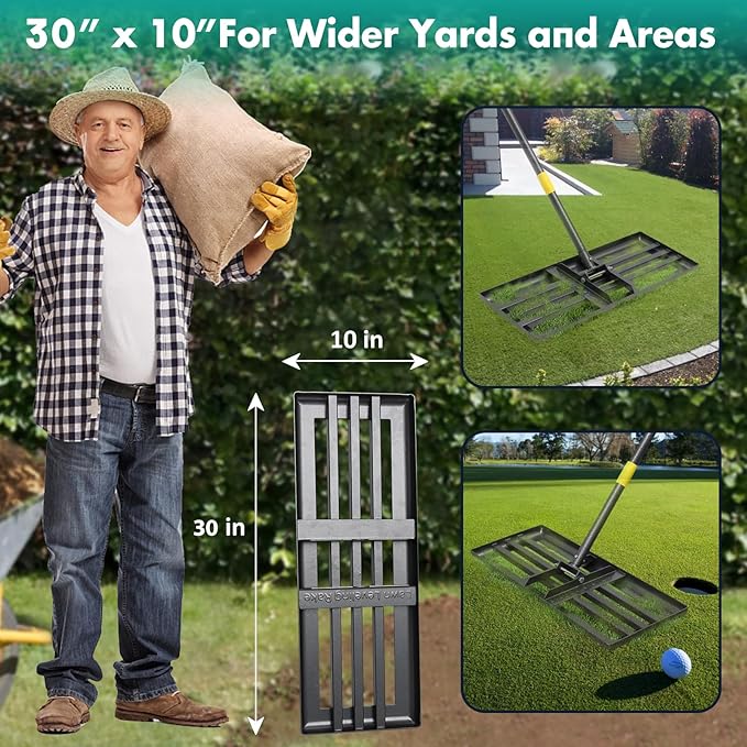 Lawn Leveling Rake,30x10 Inch Ground Plate,72 Inch Adjustable Long Handle Yard Level Tool with Curved Edge,Heavy Duty Large Landscaping Lawn Leveler for Grass, Golf Field, Soil Sand Dirt Spreader