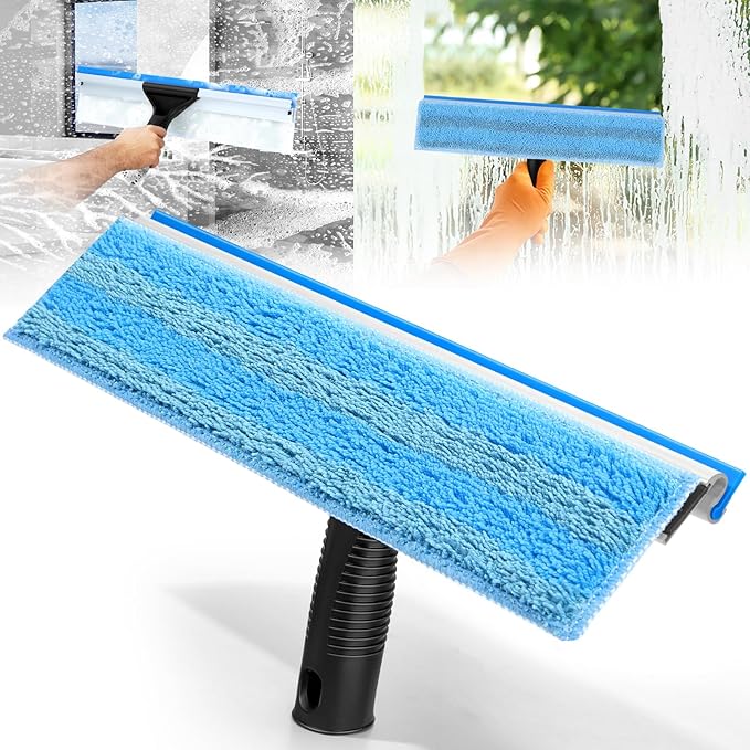 13.8" Window Squeegee for Glass Window Cleaning,All-Purpose Shower Squeegee with Microfiber Scrubber for Bathroom,Shower Glass Door,Mirror,Tile Wall, Car Windshield,Household Window Cleaner Tool,Bule