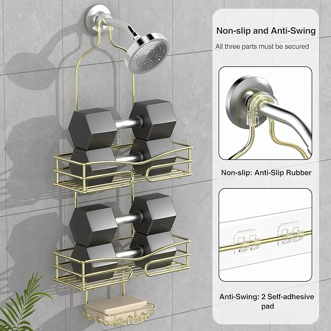 DAOYA Over the Shower Head Caddy - 3 Tier Shower Caddy Hanging, Gold Bathroom Organizer with Soap Holder & Hooks