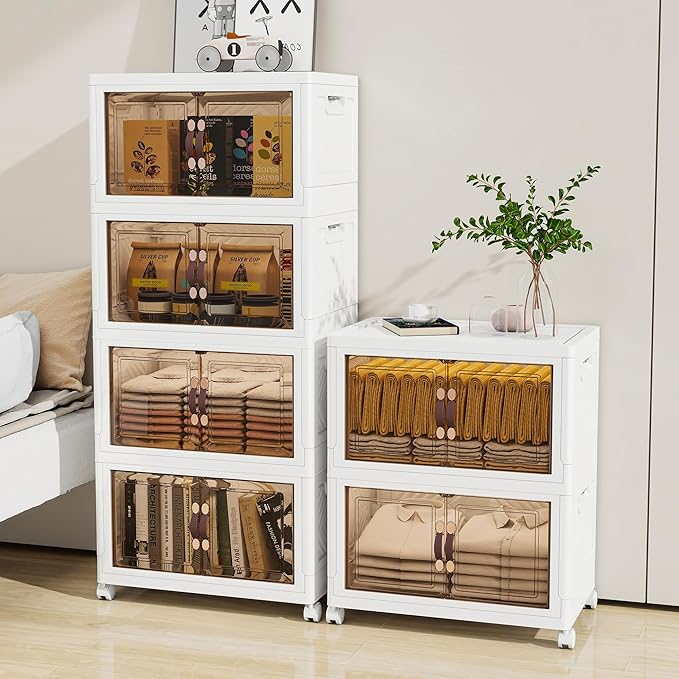 Storage Bins with Lids and Wheels, 90QT-45QT*2Tier Collapsible Bathroom Storage Cabinet with Clear Doors, Plastic Stackable Closet Organizers and Containers White