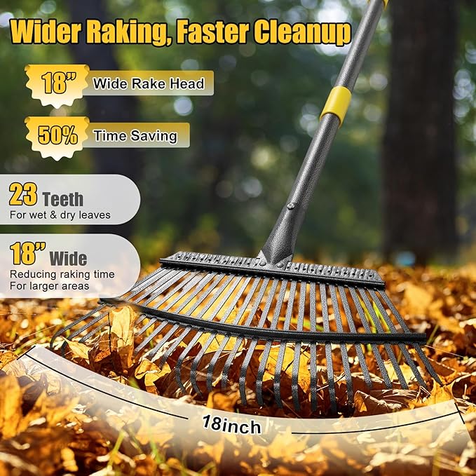 Rake for Leaves: Heavy Duty Metal Leaf Rake with 25 Tines- 18" Wide Head, 79" Splicing Handle, Durable Steel Yard Lawn, Garden,Camping Clean Gardening Tools for Thatch Grass Leaves Gravels Mulch