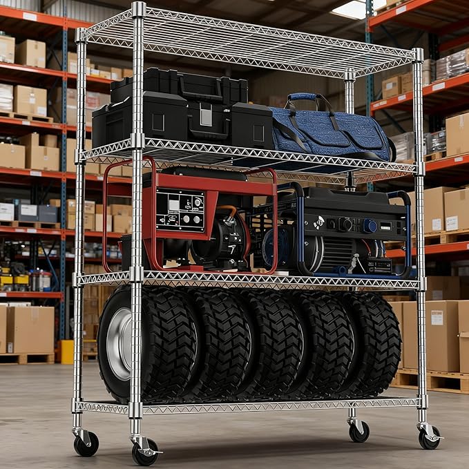 M MZG 1400LBS 47.2" W 4 Tiers Storage Shelves Metal Shelving Unit with Wheels Heavy Duty Garage Shelving Adjustable Wire Shelves for Pantry,Kitchen,Garage,Basement,Chrome 17.7" D x 47.2" W x 62.6" H