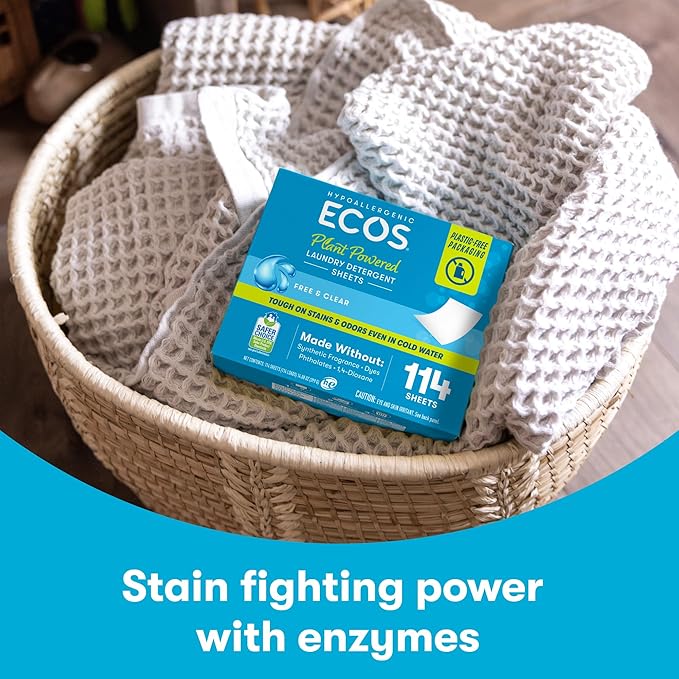 ECOS Laundry Detergent Sheets Vegan, No Plastic Jug, No Mess & Liquid Free - Hypoallergenic, Plant Powered Laundry Detergent Sheet – Free and Clear - 114 Count (Pack of 1)