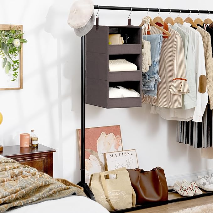 GRANNY SAYS 3-Shelf Closet Organizers and Storage, Foldable Hanging Closet Organizer, Hanging Closet Shelves with 2 Metal Hooks, Leak-Proof Hanging Shelves for Closet, Bedroom, RV, Camper, Dark Brown