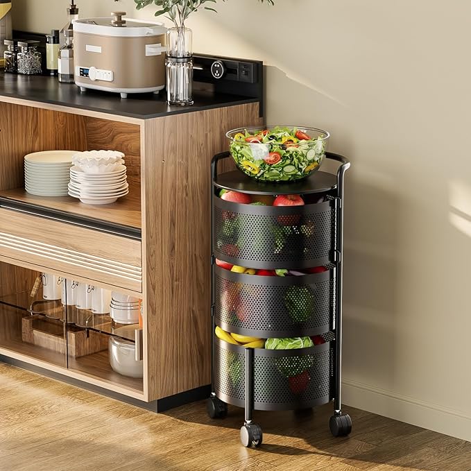 JAQ 3-Tier No Assembly Vegetable Storage Rack, Under Counter Rotating Fruit Basket with Wheels, Carbon Steel Kitchen Organizer for Potato Onion, Fruteros Para Cocina, Black