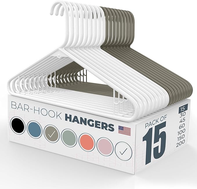 Neaties Plastic Hangers 15 Pack - Made in the USA - 6lb Capacity Standard Clothes Hangers with Strap Hooks for Dresses, Lingerie, Shirts, Pants, and Jackets - White & Gray