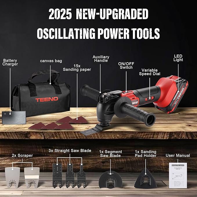 TEENO 20V Cordless Oscillating Tool with 2 Batteries, 4° Oscillation Angle Oscillating Saw, 6 Variable Speeds with Quick-Lock Change System, 26PCS Multitool Blades & Carrying Bag for DIY Projects