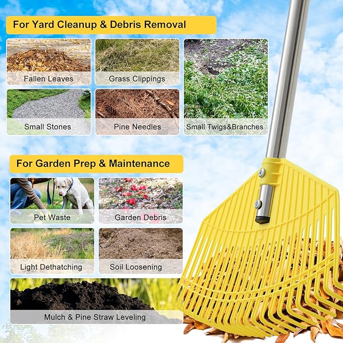 Lightweight Leaf Rake for Lawns - Durable Nylon Plastic Head,Easy Yard & Garden Rake for Women,Seniors,Kids, 16.5" Wide for Leaves, Grass,Pine Needles,Gardening,Adjustable 35–75" Long Handle