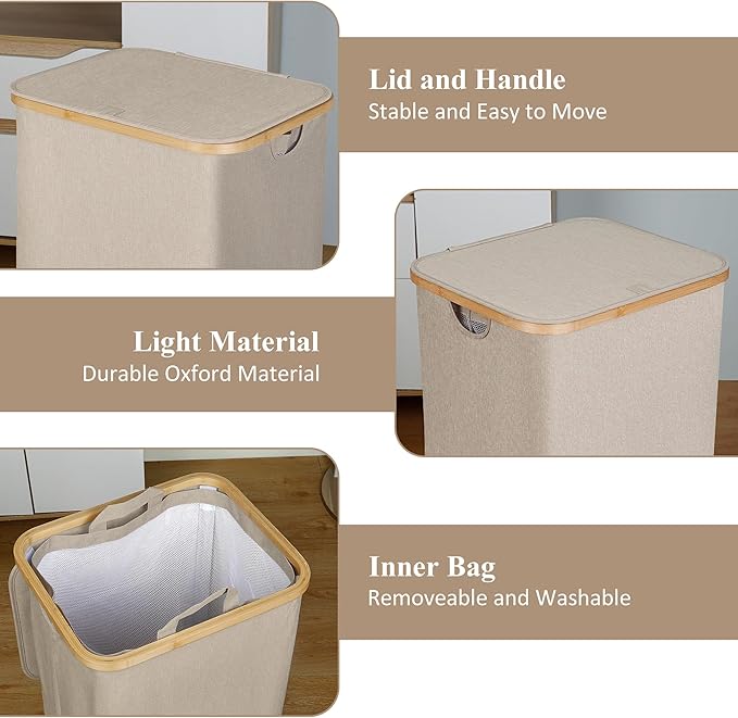 IEGrow Laundry Basket with Lid, Large Laundry Hamper with Handle and Lid, Collapsible Clothes Basket Organizer with Removable Inner Bag for Clothes Toys Towels (Oatmeal, 110L)