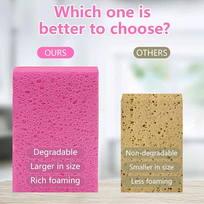 Cellulose Sponges, Large Size 4" x 6" x 1" - Heavy Duty Scrub Kitchen Sponge, Clean Tough Messes Without Scratching Kitchen Cleaning Pads, Pop Up Eco DIY (6 Pack), Pink