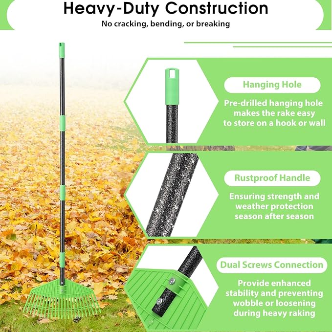 Leaf Rake for Lawn,16.5” Plastic Rake for Yard,Unbreakable Nylon Head,45” Long Handle,Garden Rakes for Grass Turf Debris Mulch Thatch Pine Needles Leaves,Lightweight for Kids Seniors,No Harm to Lawn