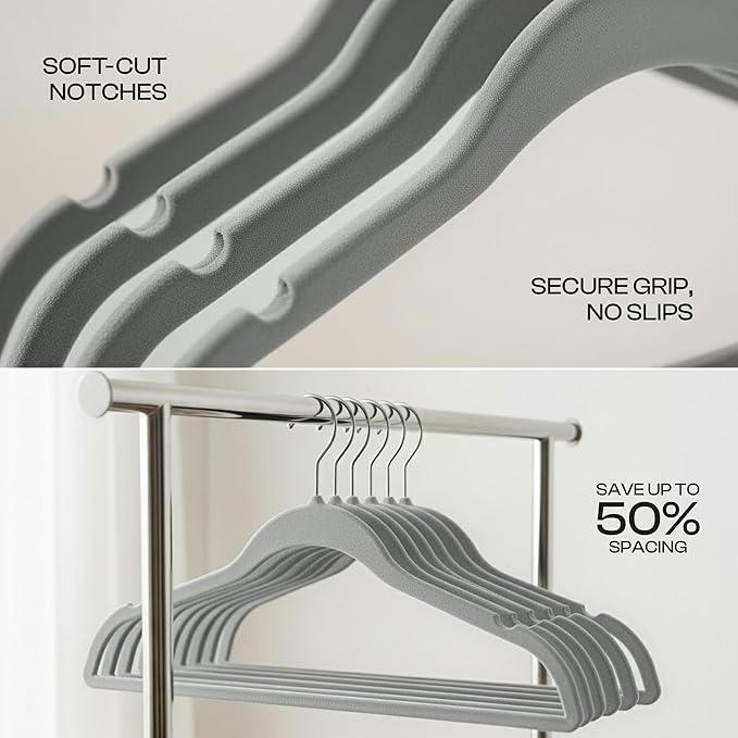 Utopia Home Velvet Hangers 150 Pack – Luxury Non-Slip Slim Pant & Coat Hangers, Strong Space-Saving Clothes Hangers with Pants Bar and 360° Swivel Hook – Grey