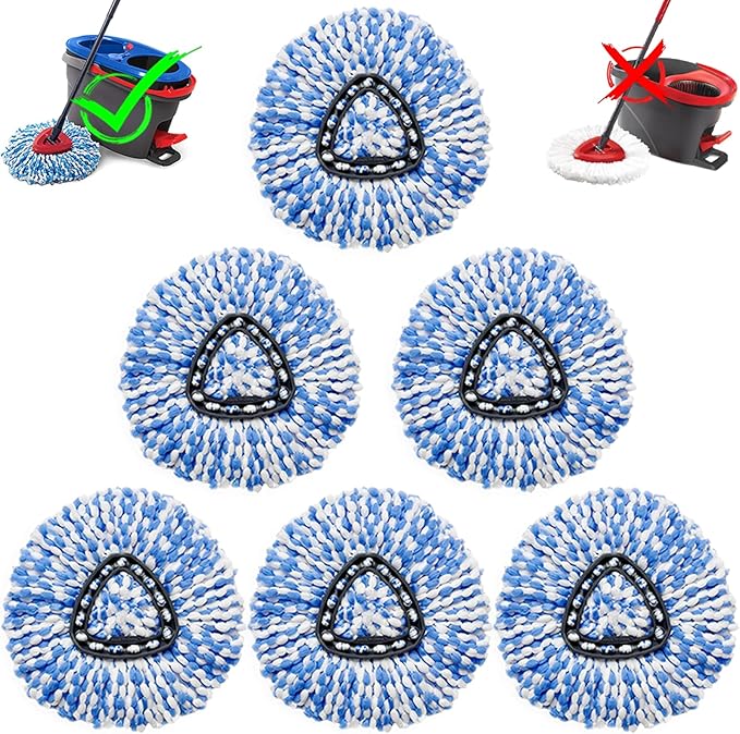 6 Pcs Spin Mop Replacement Heads, 360° Easy Wring Spin Mop 100% Microfiber Refill, Easy Cleaning Spin Mop Heads, 2 Tank System Replace Head for Easy House Cleaning Floor Mopping, Blue&White