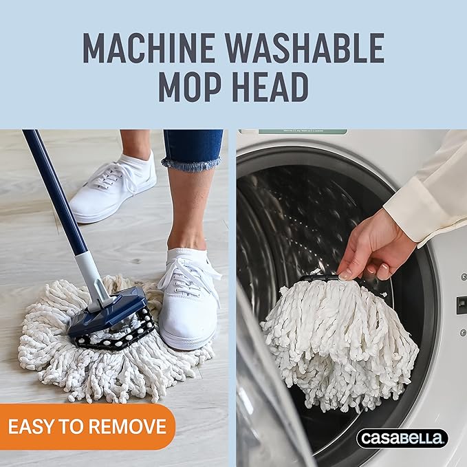 Casabella Spin Mop System with Extra Mop Head Refill - Two-Bucket Design with Splash Guard Built-in Measuring Cup and Scraper Tool with Easy Wring Pedal Spinner, 1.25-Gallon, Blue
