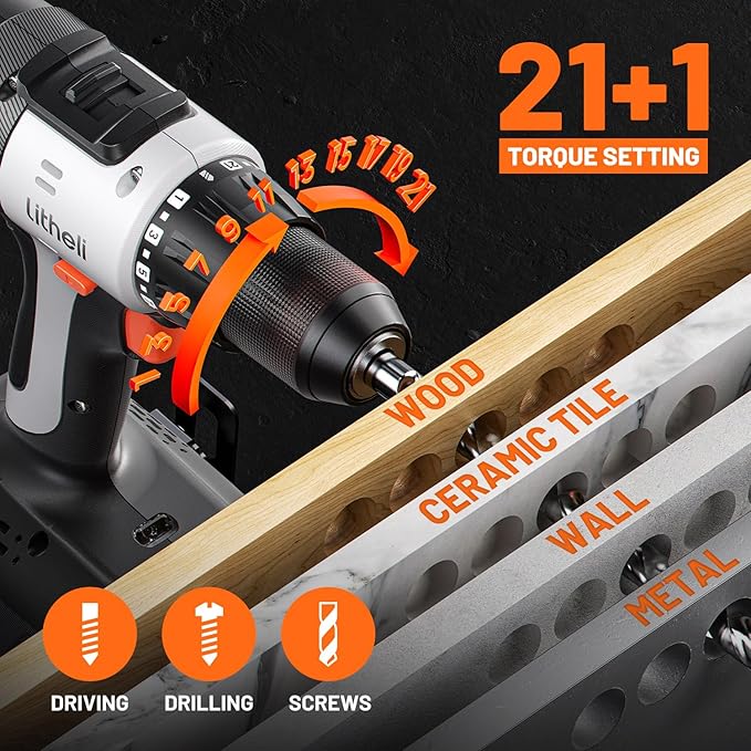 Litheli 20V Cordless Drill Set, 1/2-Inch Keyless Chuck, 443 In-lbs Torque, 2.0Ah Battery with Power Bank Function & Type-C Charging, 64-Piece Home Tool Kit with Bag for DIY & Home Repairs