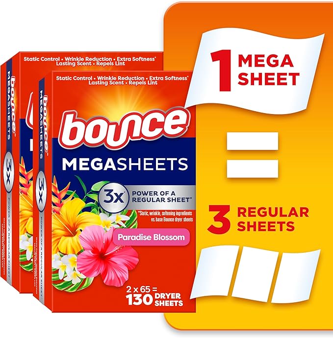Bounce Mega Dryer Sheets, Paradise Blossom, 130 Count, Mega Fabric Softener Sheets with Static Control, Wrinkle Reduction, Extra Softness, Lasting Scent, Repels Lint