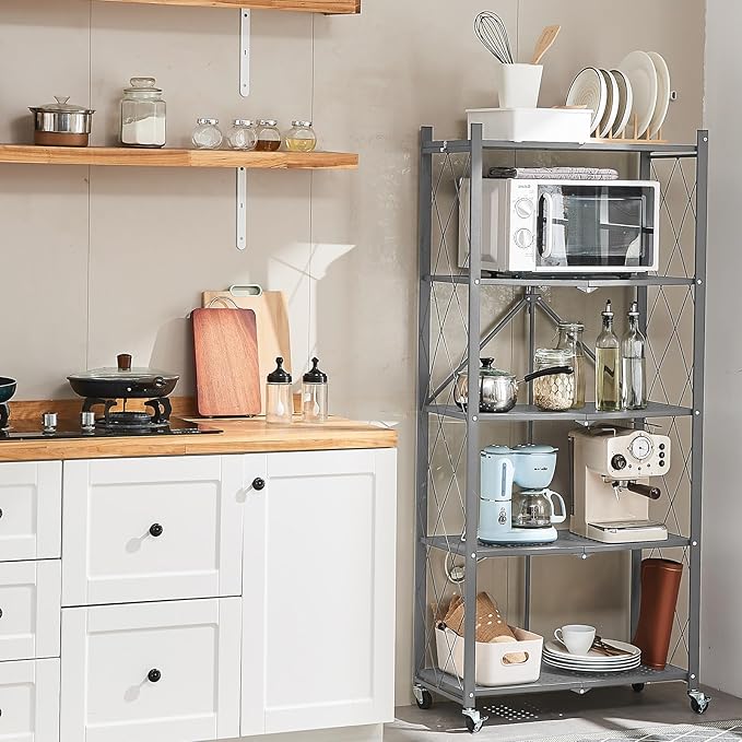 BRIAN & DANY 5-Tier Foldable Storage Shelves with Wheels, Folding Metal Rack Shelving Unit, Heavy Duty No Assembly Organizer Shelf for Garage, Kitchen, Basement, Pantry, Gray