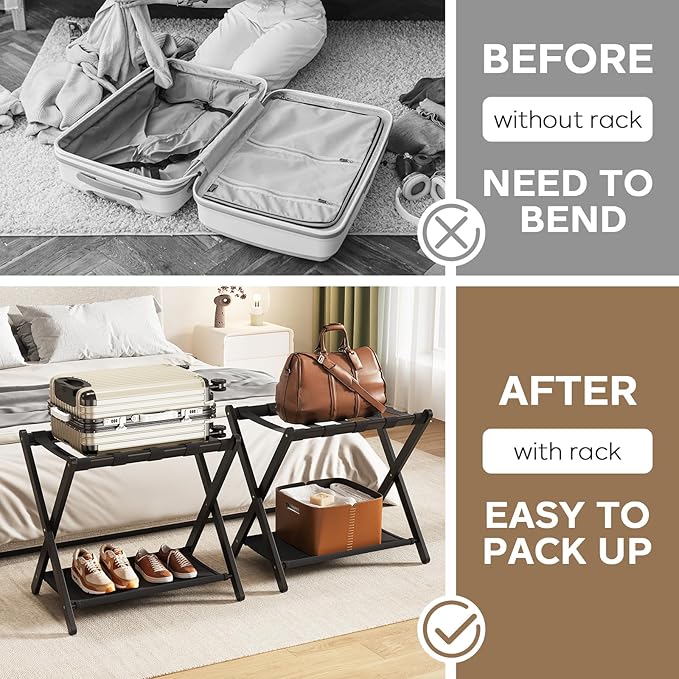 Fully Assembled Luggage Racks Set of 2, Bamboo Luggage Rack for Guest Room, Foldable Suitcase Stand with Fabric Storage Shelf for Bedroom, Hotel, Holds up to 165 lb, 26.77 x 16.93 x 22.5 Inches, Black