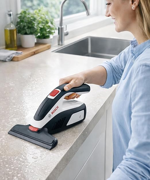 Bosch GlassVAC Cordless Electric Window Vacuum Squeegee Handheld Glass & Surface Cleaner Streak-Free Suction for Showers, Mirrors, Tiles, and Countertops – USB Rechargeable with Dual Head Attachments