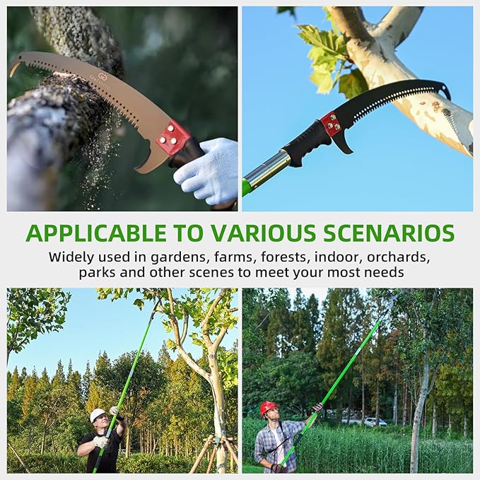 Manual Pole Saw for Tree Trimming, 27 FT Manual tree purner with 8 Fiberglass Handles, Sharp steel Blade and Heavy-Duty Giant Scissors, Extendable Design for Tree Maintenance, Green