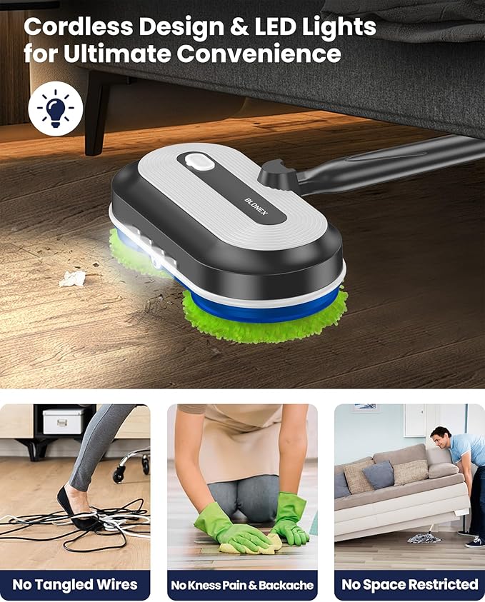 Cordless Electric Mop, Electric Spin Floor Mop with LED Headlights & Water Sprayer, Long-Lasting Battery, Large 290ml Tank, Self-Propelled Floor Cleaner with Adjustable Tube for All Floors