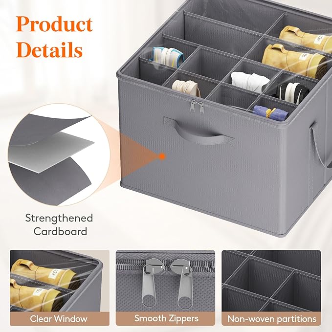 Lifewit Shoe Storage Organizer for Closet, Fabric Large Shoe Box Storage Containers with Clear Cover, Foldable Bins for Boots Heels Sneakers Fits 72-96 Pairs (Each 12-16 Pairs) 6 Pack Gray