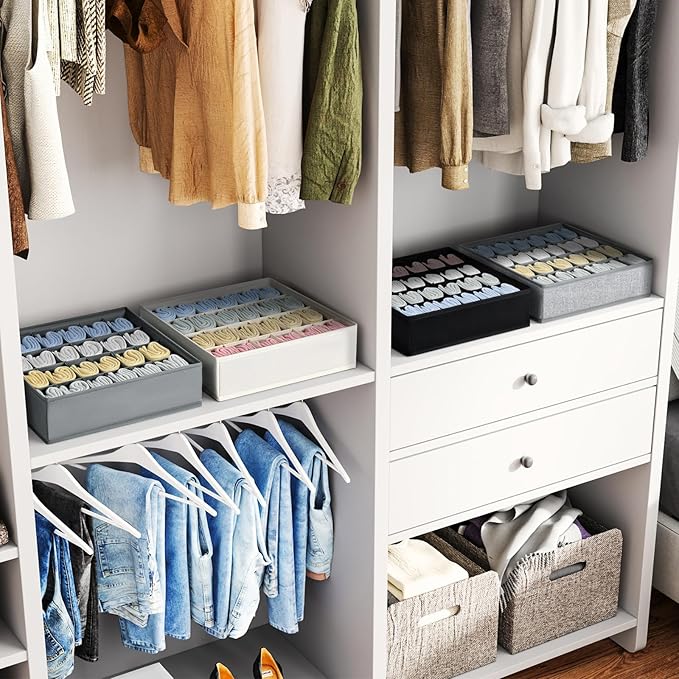 Sock Organizer 4 Pack, 24 Cell Underwear Organizer Foldable Underwear Storage, Sock and Underwear Drawer Organizer for Socks Ties Underwear Belts. (Grey)