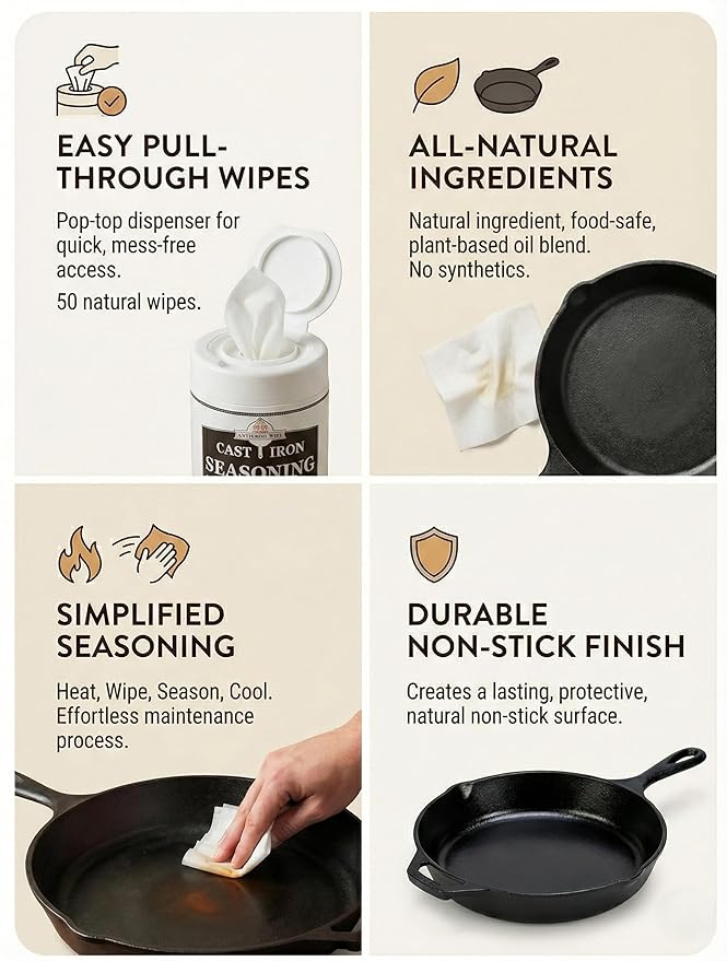 Cookware Care Cast Iron Seasoning Oil Wipes, 50 Wipes, Made in USA with Grapeseed Oil for Cast Iron Skillet, Blackstone Griddle (1 pack)
