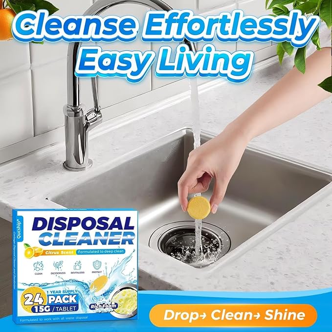 Garbage Disposal Cleaner and Deodorizer Tablets - 24 Pack, Powerful XXL Foaming Disposal Cleaner - Citrus Scented Foam, Natural Garburator & Sink Freshener, Septic Safe Kitchen Drain Cleaning Care