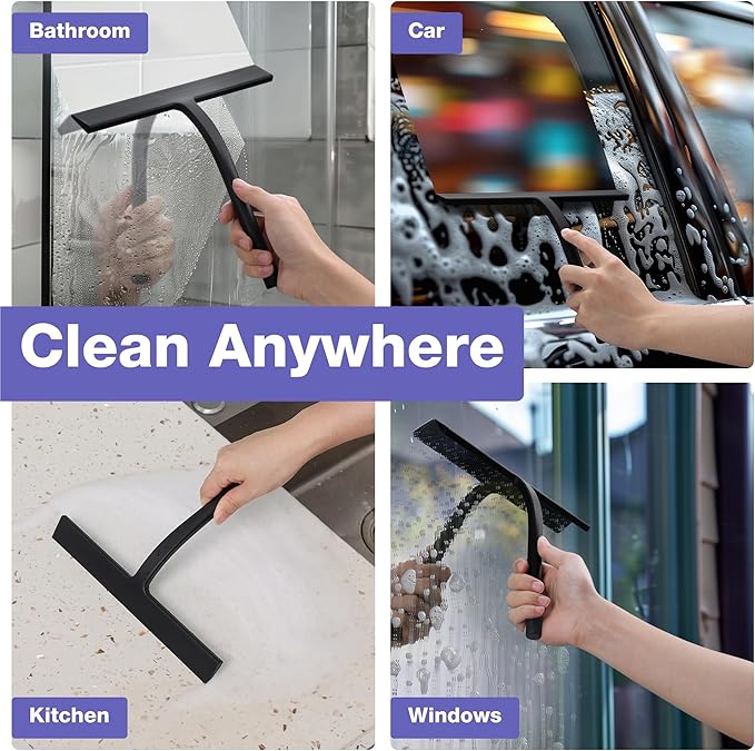 Kincmax All-Purpose Shower Squeegee - Stainless Steel Silicone Bath Squeegee for Glass Doors - Window and Door Squeegee With Hook - Bathroom Kitchen - Medium Black