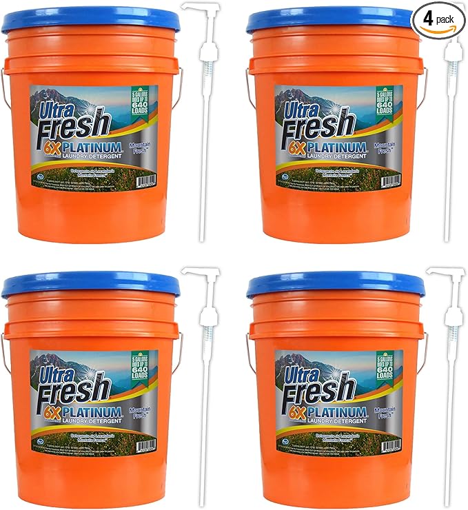 Ultra Fresh 6X Platinum 5 Gallon Laundry Detergent Liquid for All Machine Types with Easy Dispensing Pump, Up to 640 Loads, Original Blue (4 Pack)