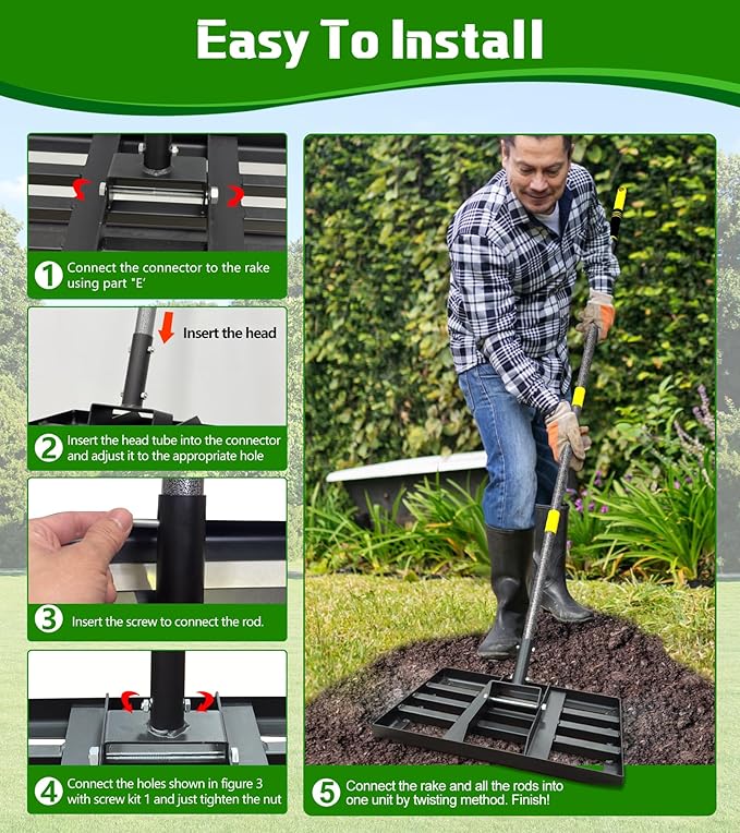 Lawn Leveling Rake 17x10 Inch , Heavy-Duty Yard Leveling Rake 6.2FT Leveler Tool for Soil, Sand & Topsoil, Backyard, Garden, Golf Course
