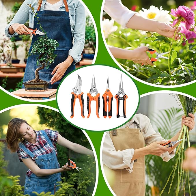4 Pack Garden Pruning Shears, Stainless Steel Garden Shears, Gardening Shears, Garden Scissors, Clippers, Pruning Snips, Pruning Shears for Gardening Tools (Orange)