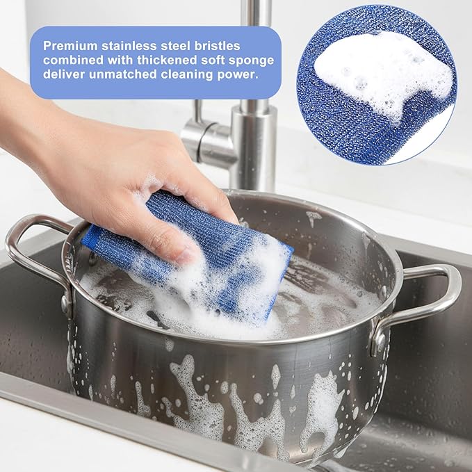 6Pcs Scrub Sponges Steel Wool Scrubber Kitchen Sponges Non Scratch Cleaning Sponge Reusable Microfiber Dish Scrubber Sponge for Cleaning Pots Pans Dishes Bathroom (3 Colors