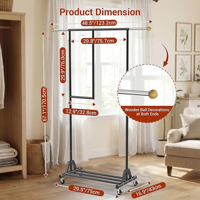 Rolling Clothing Rack with Bottom Storage Shelf & lockable Casters, Multi-tier Retractable Sturdy Garment Rack for Hanging Coats, Dresses - Ideal for Bedroom, Closet & Laundry Room ( Taller version )